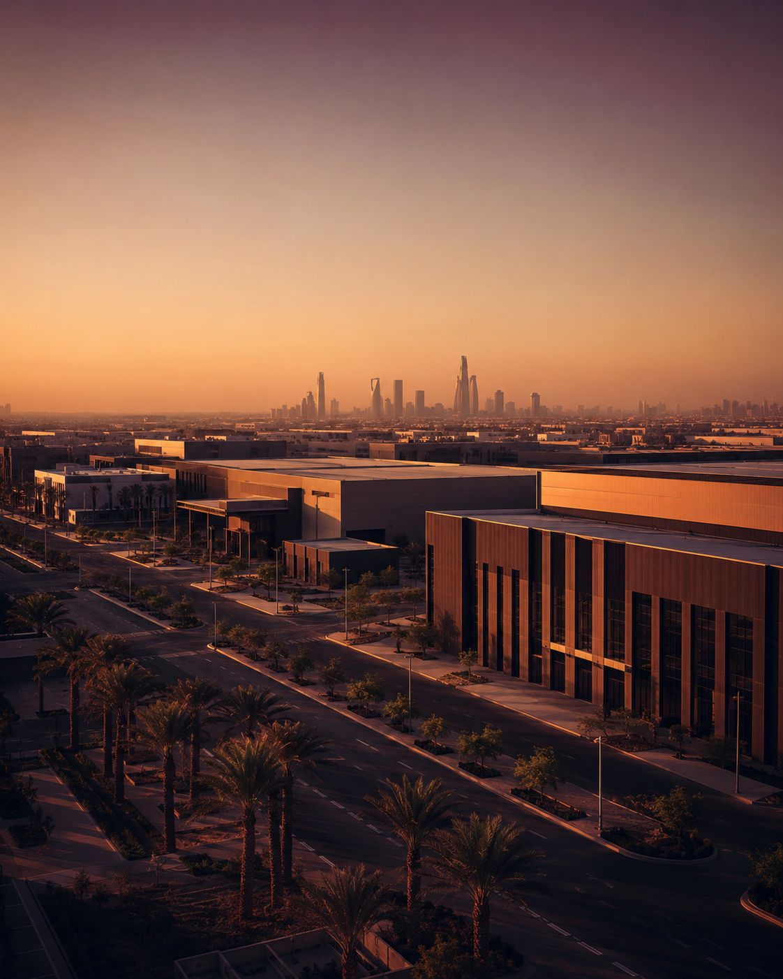 Modern industrial and business development with the Riyadh skyline at golden hour